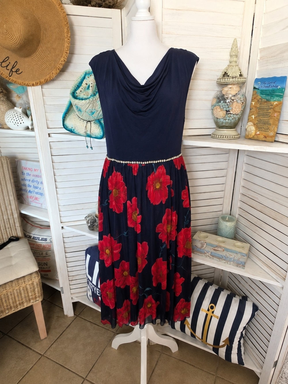 Alexa B Woman 20W Plus Size Navy Floral Midi Dress Cowl Neck Rhinestone Waist